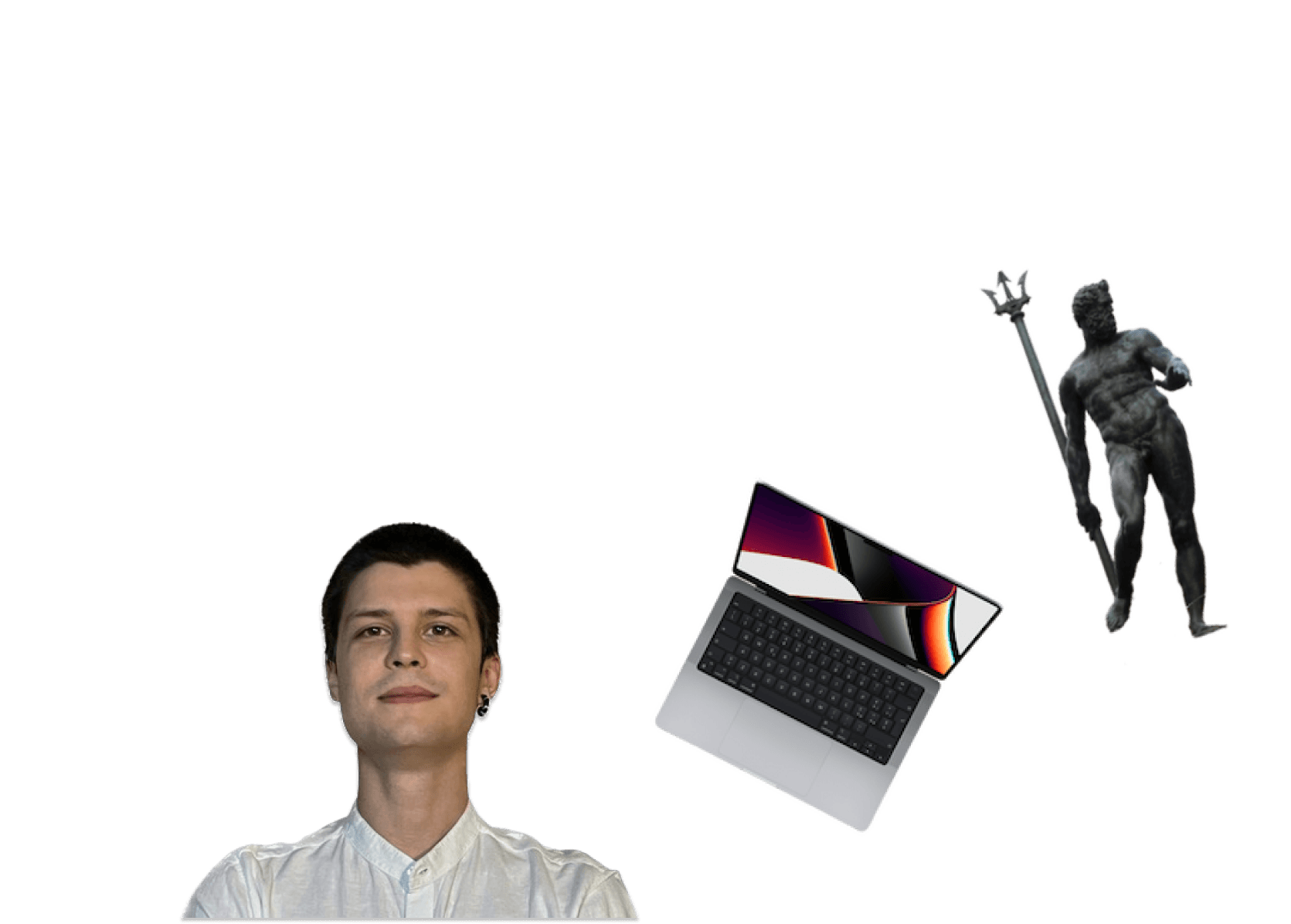 Immagine mezzo busto di Paolo Valmori, di un MacBook Pro e della statua del Nettuno in Piazza Maggiore, Bologna